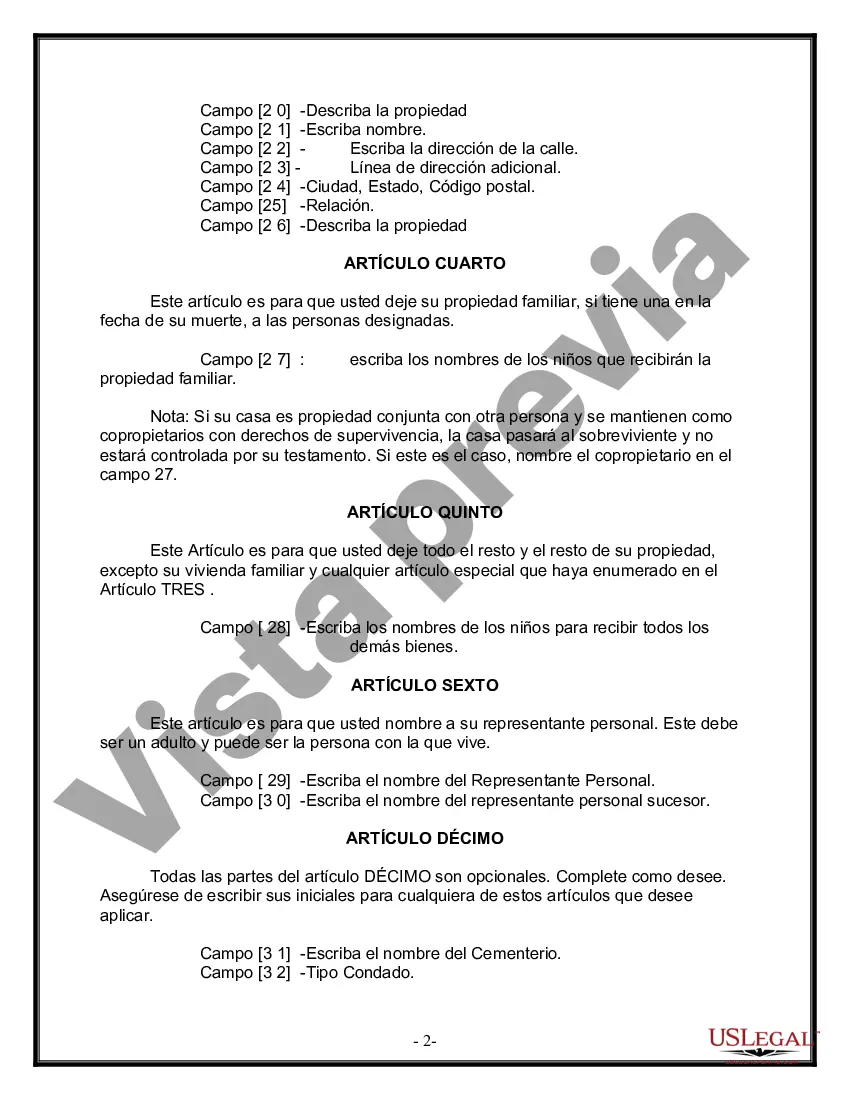 Preview Formulario Legal de Última Voluntad y Testamento para Persona Soltera con Hijos Adultos