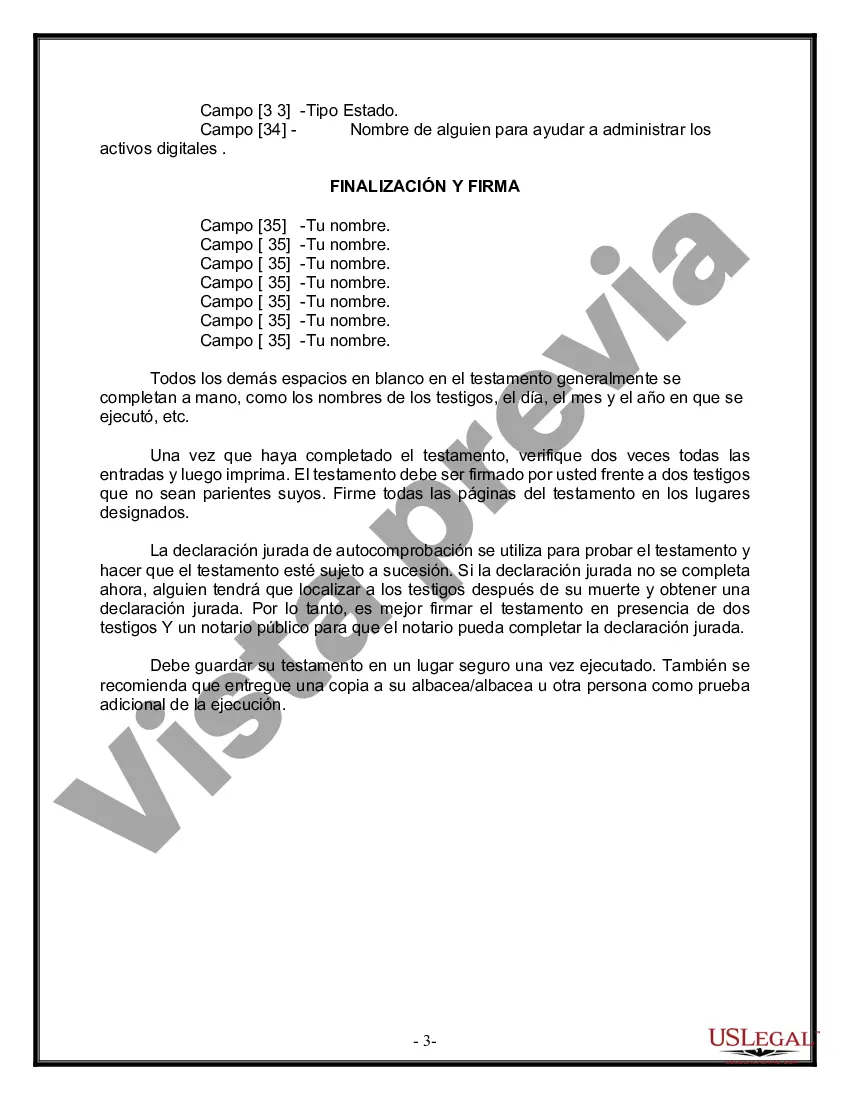 Preview Formulario Legal de Última Voluntad y Testamento para Persona Soltera con Hijos Adultos