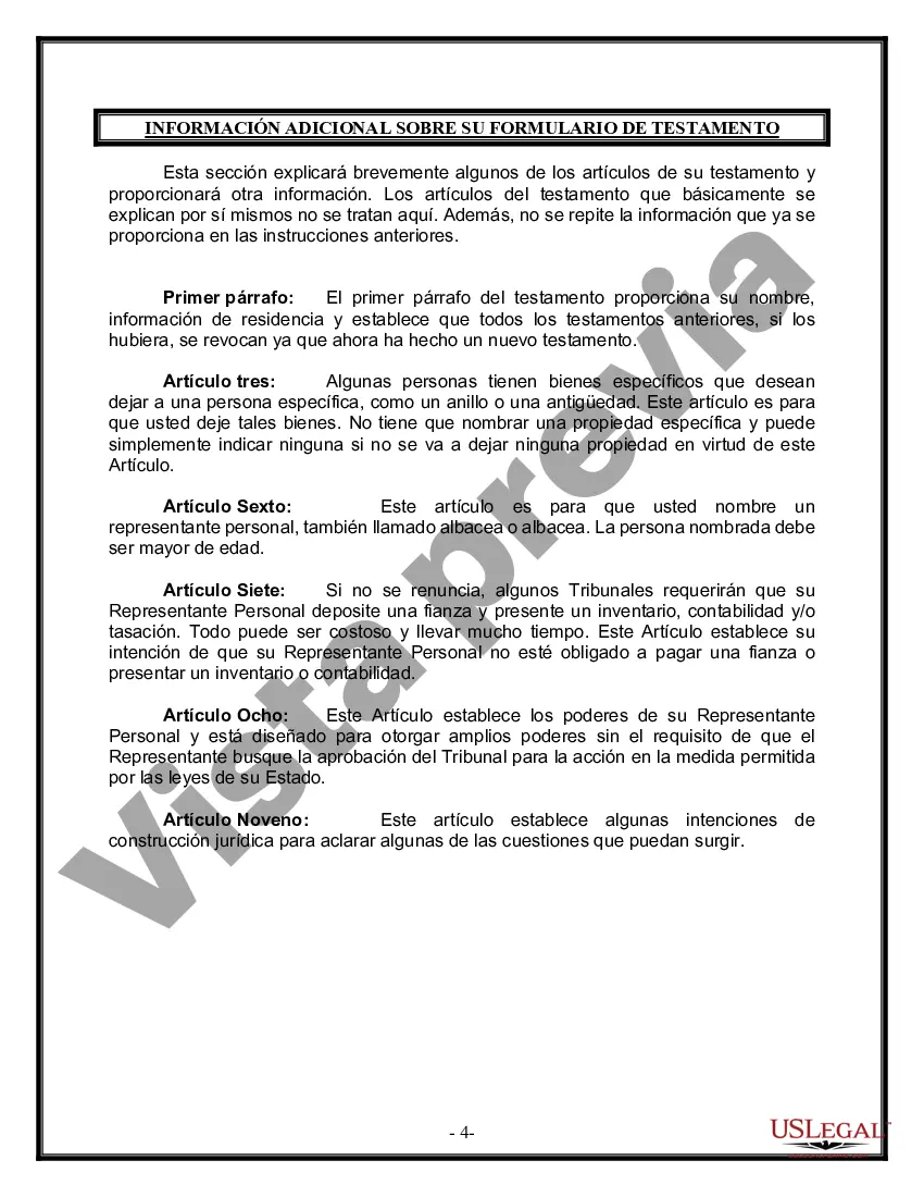 Preview Formulario Legal de Última Voluntad y Testamento para Persona Soltera con Hijos Adultos