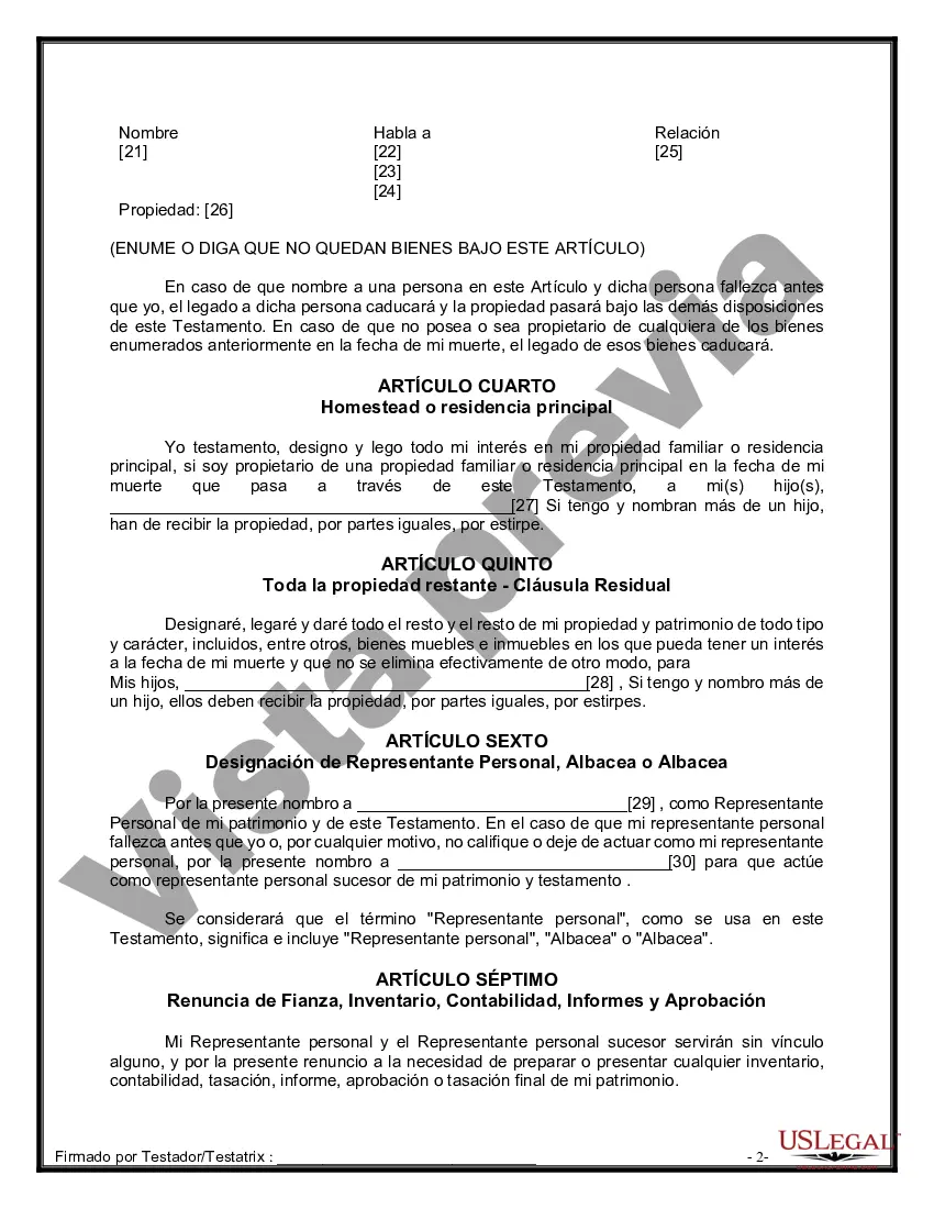 Preview Formulario Legal de Última Voluntad y Testamento para Persona Soltera con Hijos Adultos