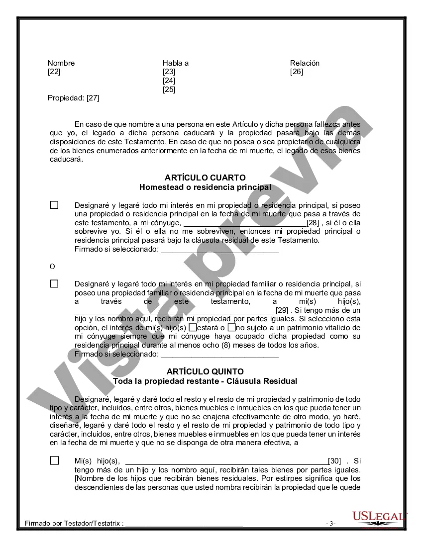 Preview Última voluntad y testamento legal para persona casada con hijos menores de edad de un matrimonio anterior