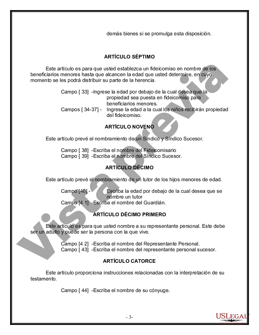 Preview Última voluntad y testamento legal para persona casada con hijos menores de edad de un matrimonio anterior