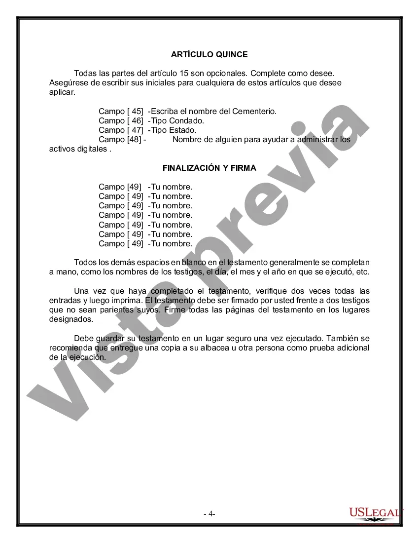Preview Última voluntad y testamento legal para persona casada con hijos menores de edad de un matrimonio anterior