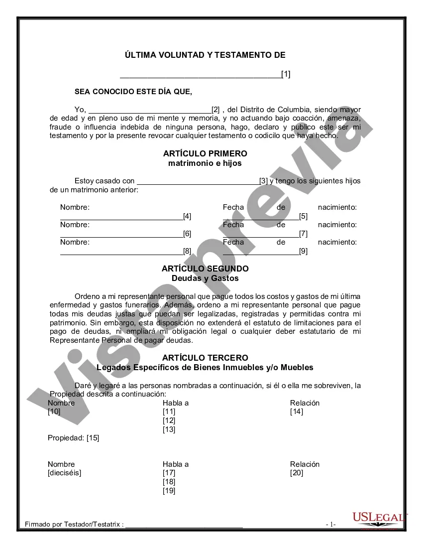 Preview Última voluntad y testamento legal para persona casada con hijos menores de edad de un matrimonio anterior