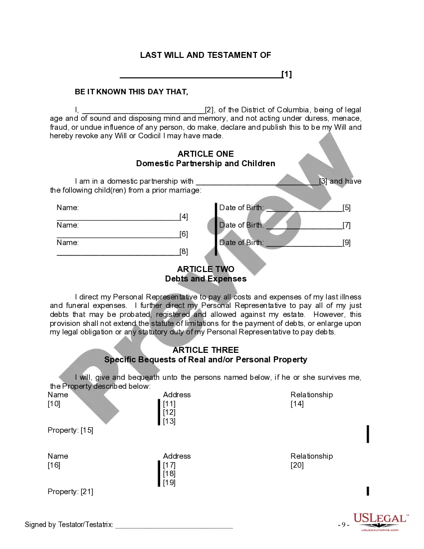 Preview Last Will and Testament for Domestic Partner with Minor Children from Prior Marriage