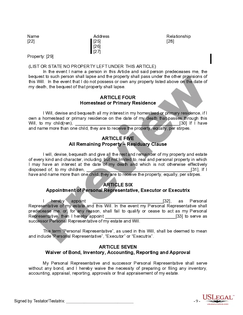 Preview Last Will and Testament for Divorced person not Remarried with Adult Children