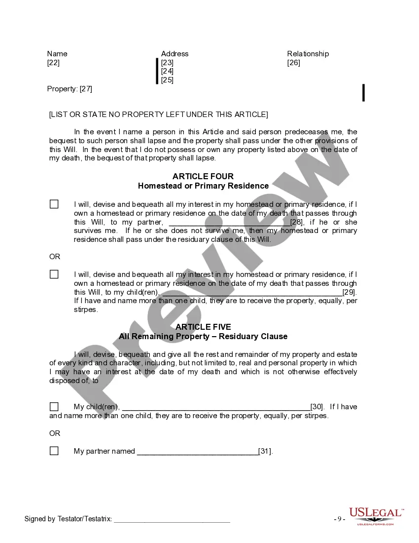 Preview Last Will and Testament for Domestic Partner with Adult Children from Prior Marriage