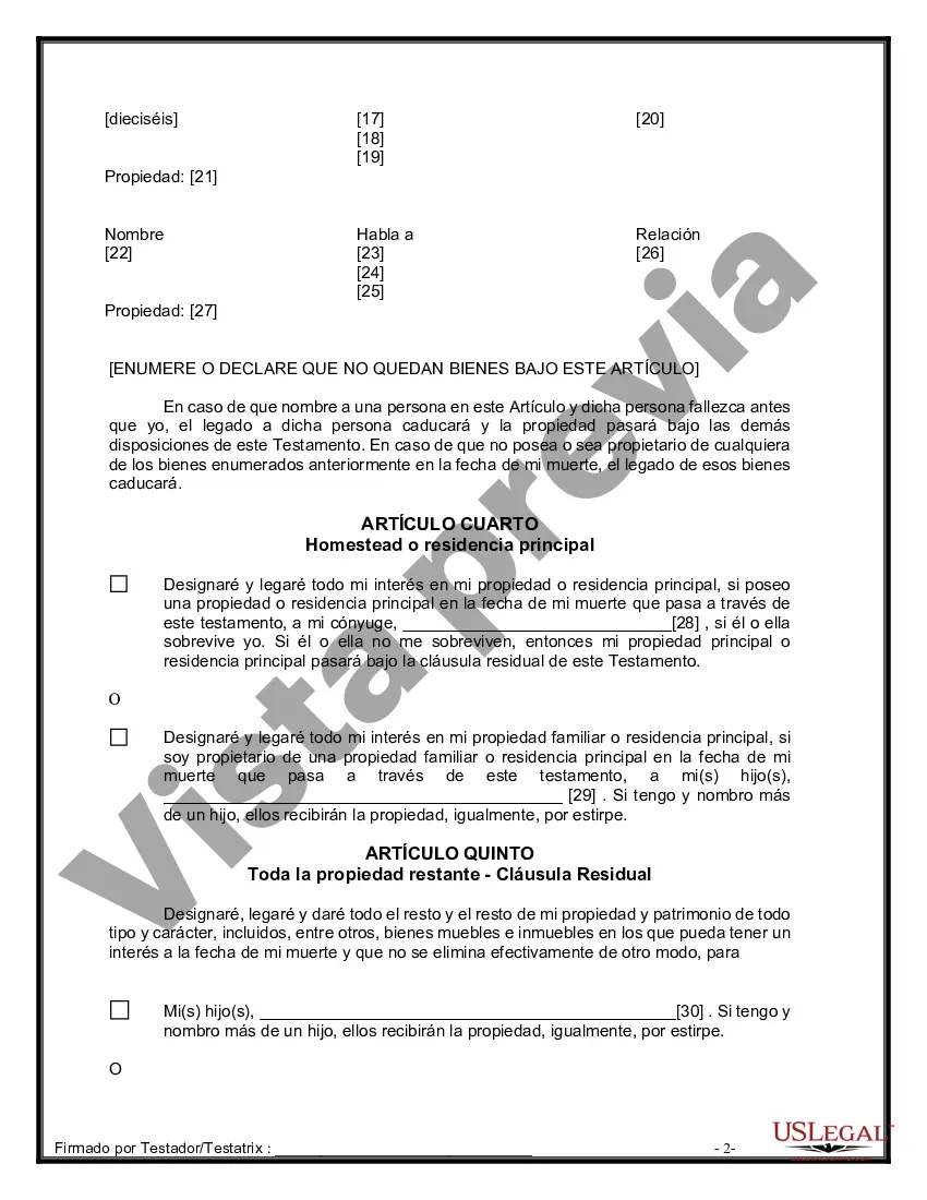 Preview Formulario de última voluntad y testamento legal para una persona casada con hijos adultos de un matrimonio anterior