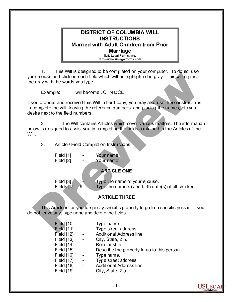 page 0 Legal Last Will and Testament Form for Married Person with Adult Children from Prior Marriage preview