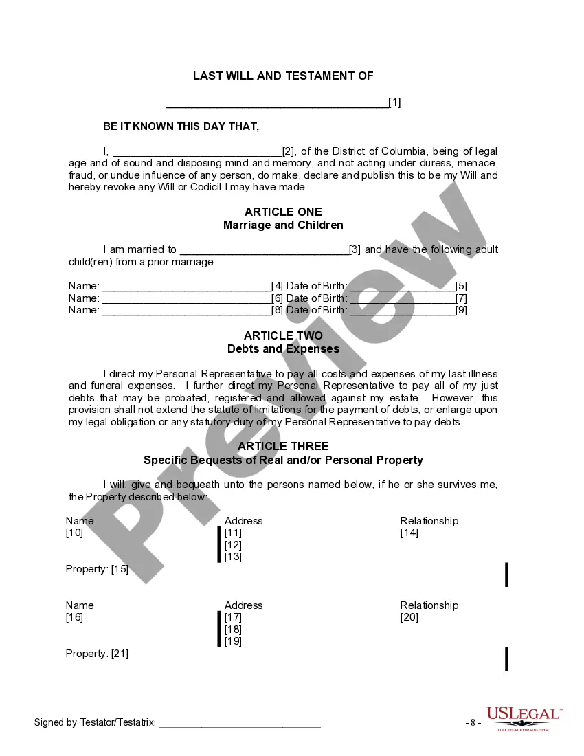 Preview Last Will and Testament for Married Person with Adult Children from Prior Marriage