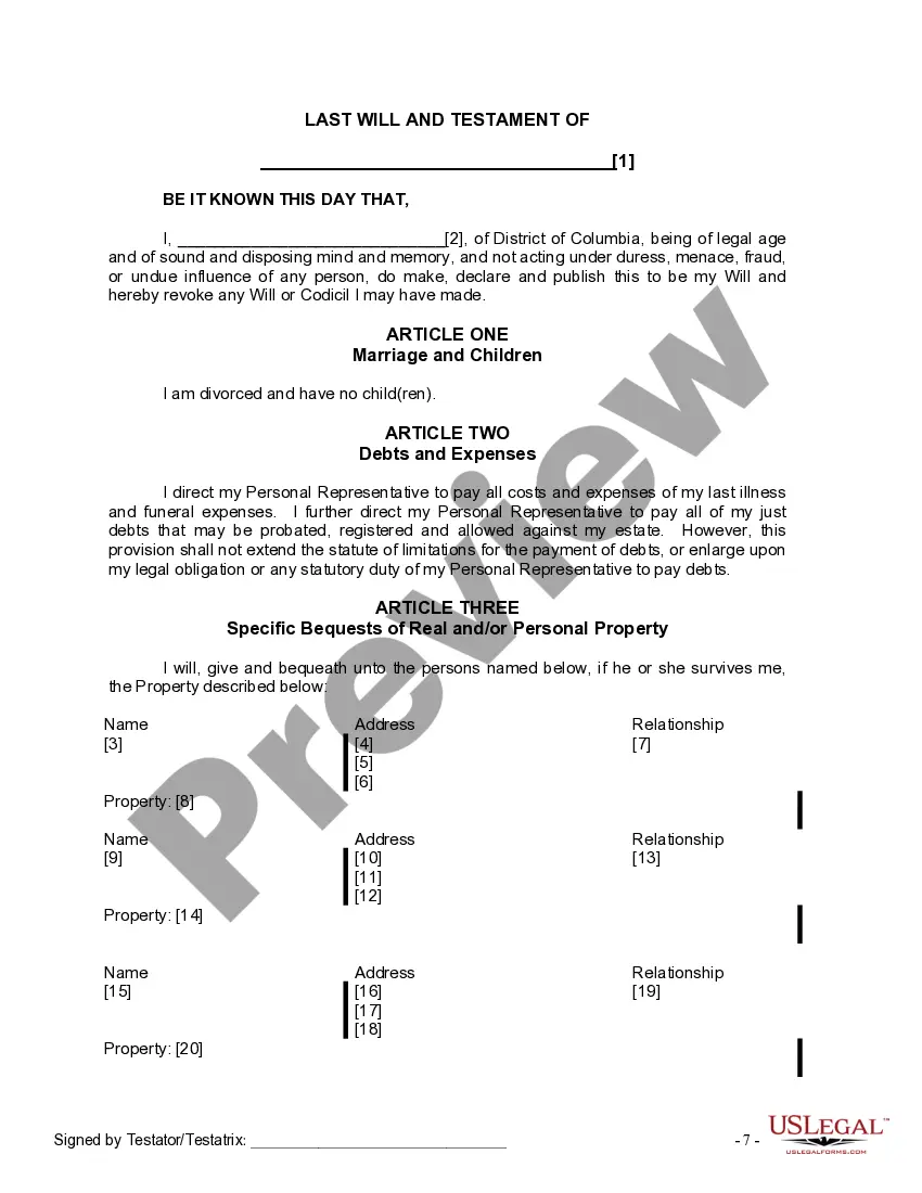 Preview Last Will and Testament for Divorced Person Not Remarried with No Children