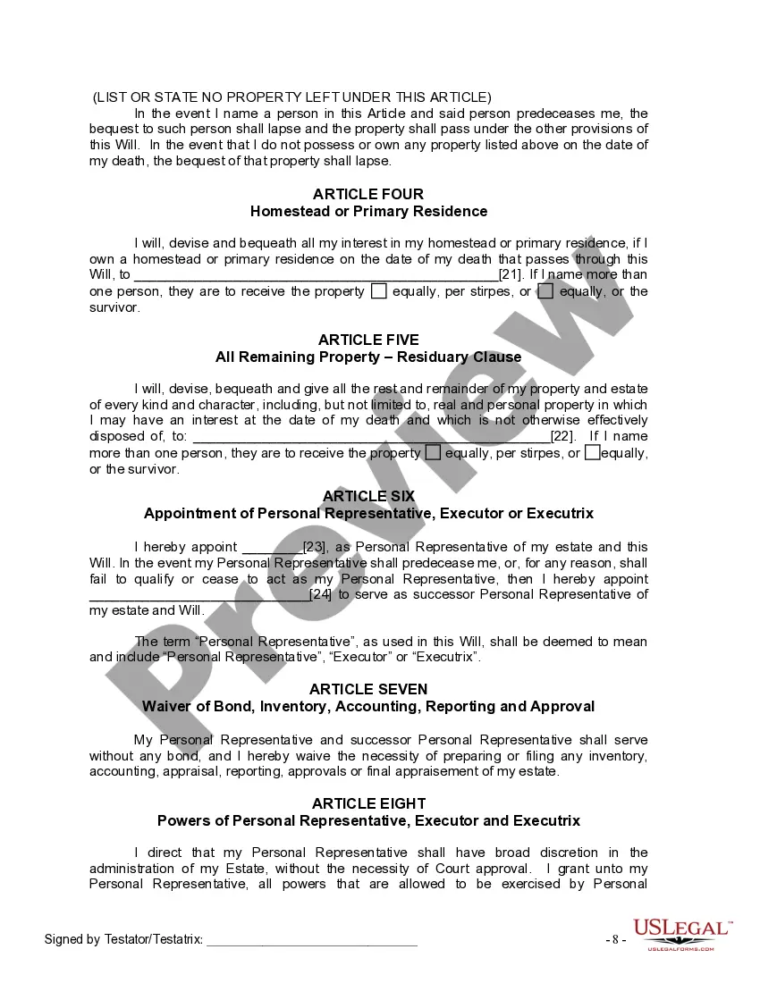 Preview Last Will and Testament for Divorced Person Not Remarried with No Children