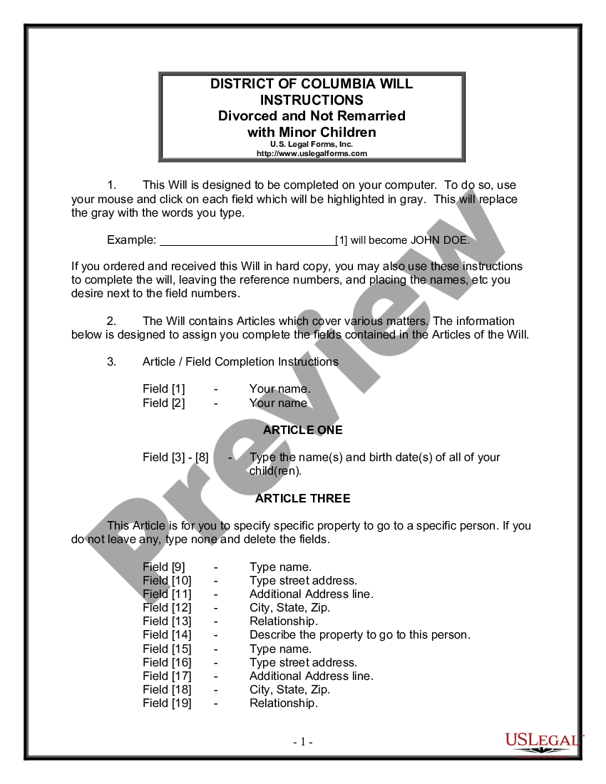 page 0 Legal Last Will and Testament Form for Divorced person not Remarried with Minor Children preview