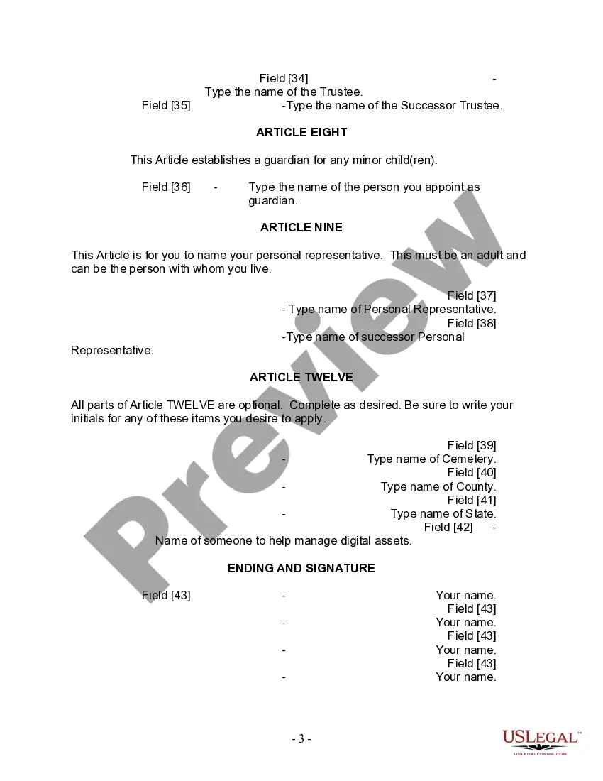 Preview Last Will and Testament for Divorced person not Remarried with Minor Children