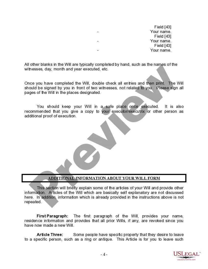 Preview Last Will and Testament for Divorced person not Remarried with Minor Children