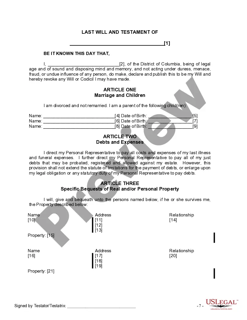 Preview Last Will and Testament for Divorced person not Remarried with Minor Children