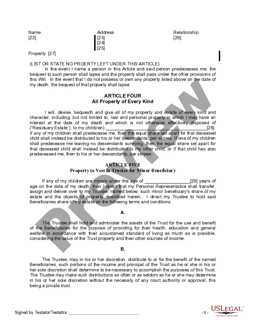 Preview Last Will and Testament for Divorced person not Remarried with Minor Children