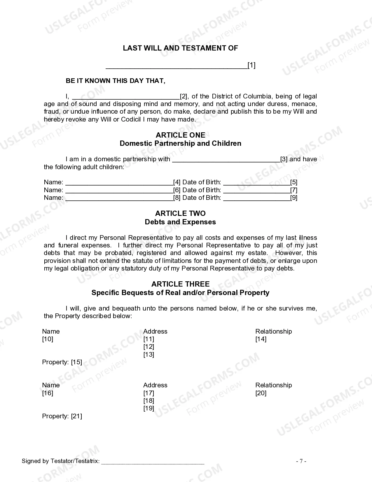 Preview Last Will and Testament for Domestic Partner with Adult Children