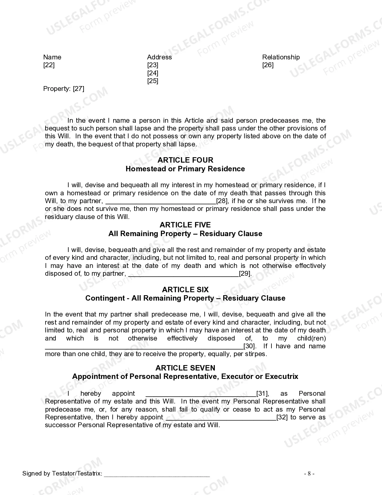 Preview Last Will and Testament for Domestic Partner with Adult Children