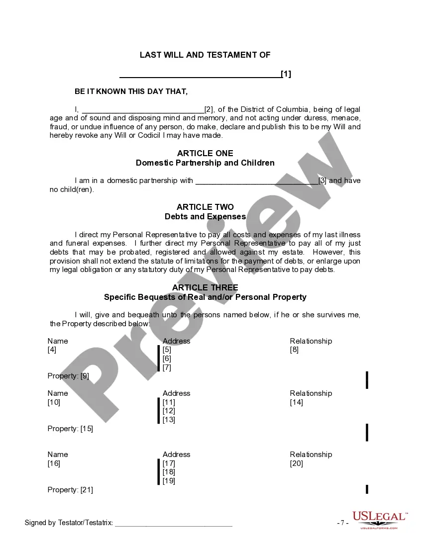 Preview Last Will and Testament for a Domestic Partner with No Children