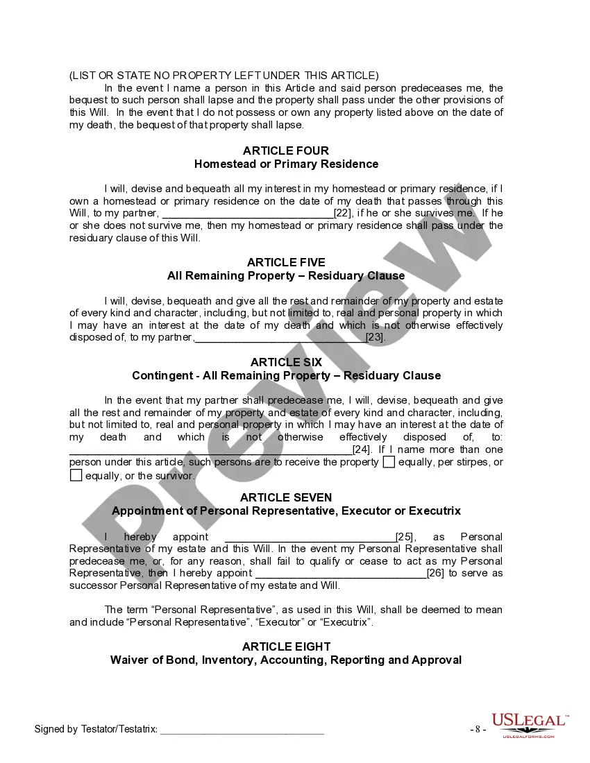 Preview Last Will and Testament for a Domestic Partner with No Children
