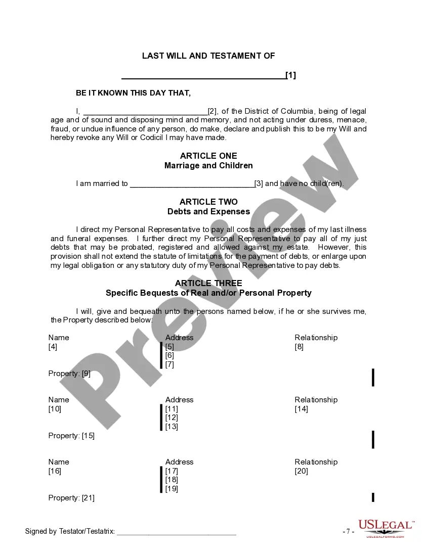 Preview Last Will and Testament for a Married Person with No Children