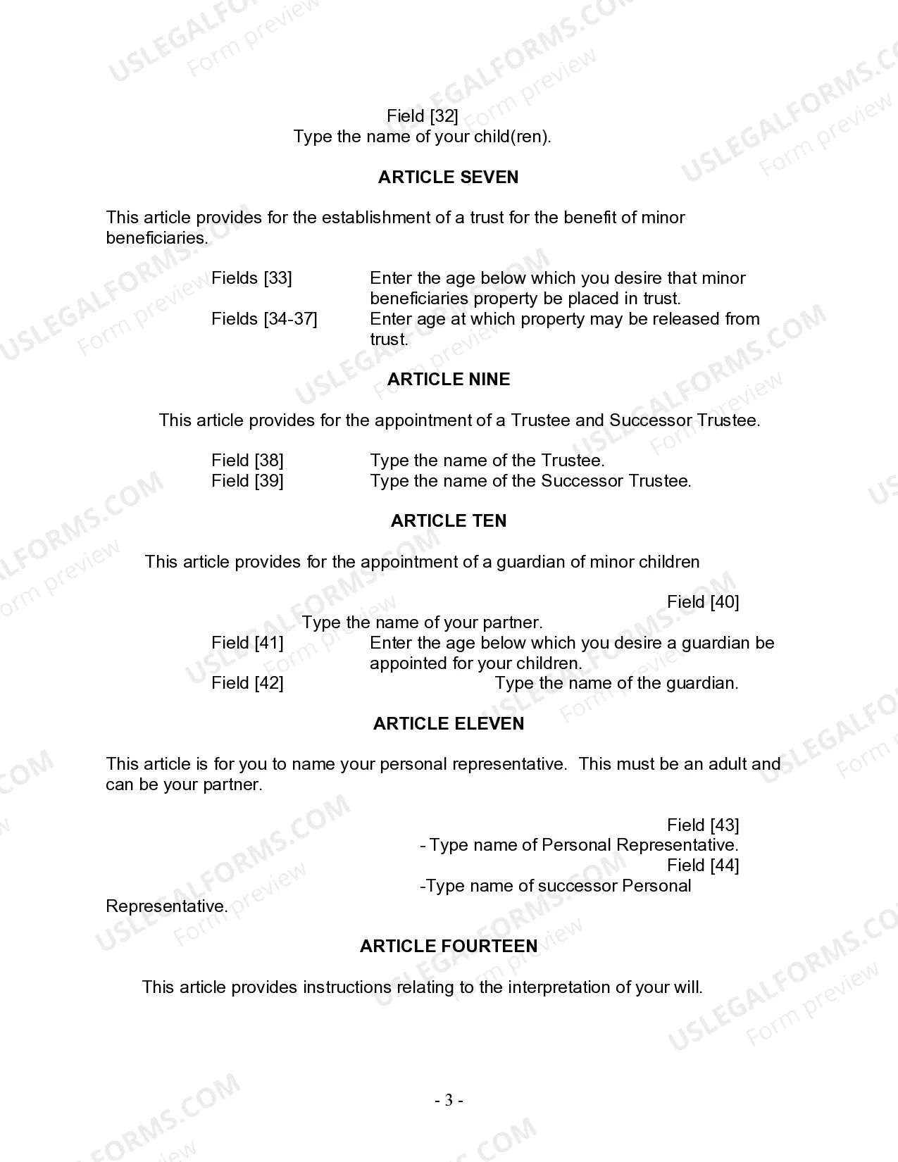 Preview Last Will and Testament for Domestic Partner with Minor Children