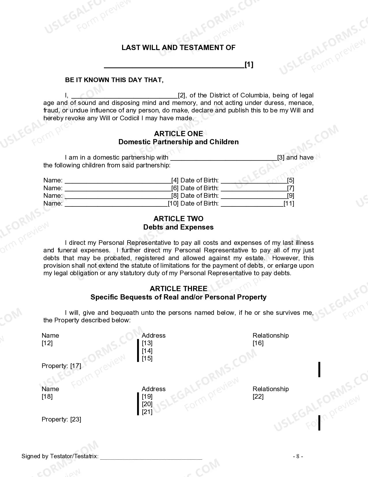 Preview Last Will and Testament for Domestic Partner with Minor Children