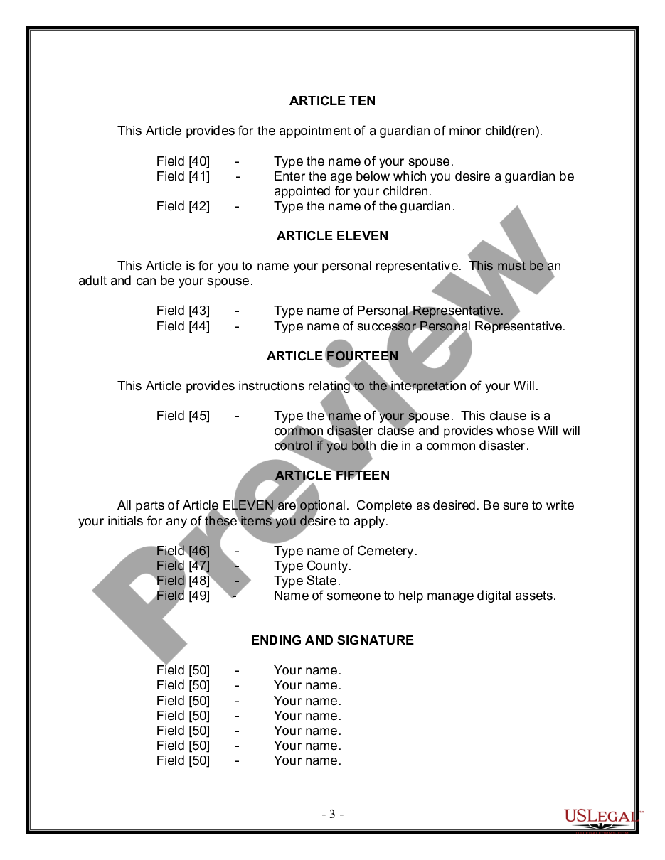 form Legal Last Will and Testament Form for Married Person with Minor Children preview