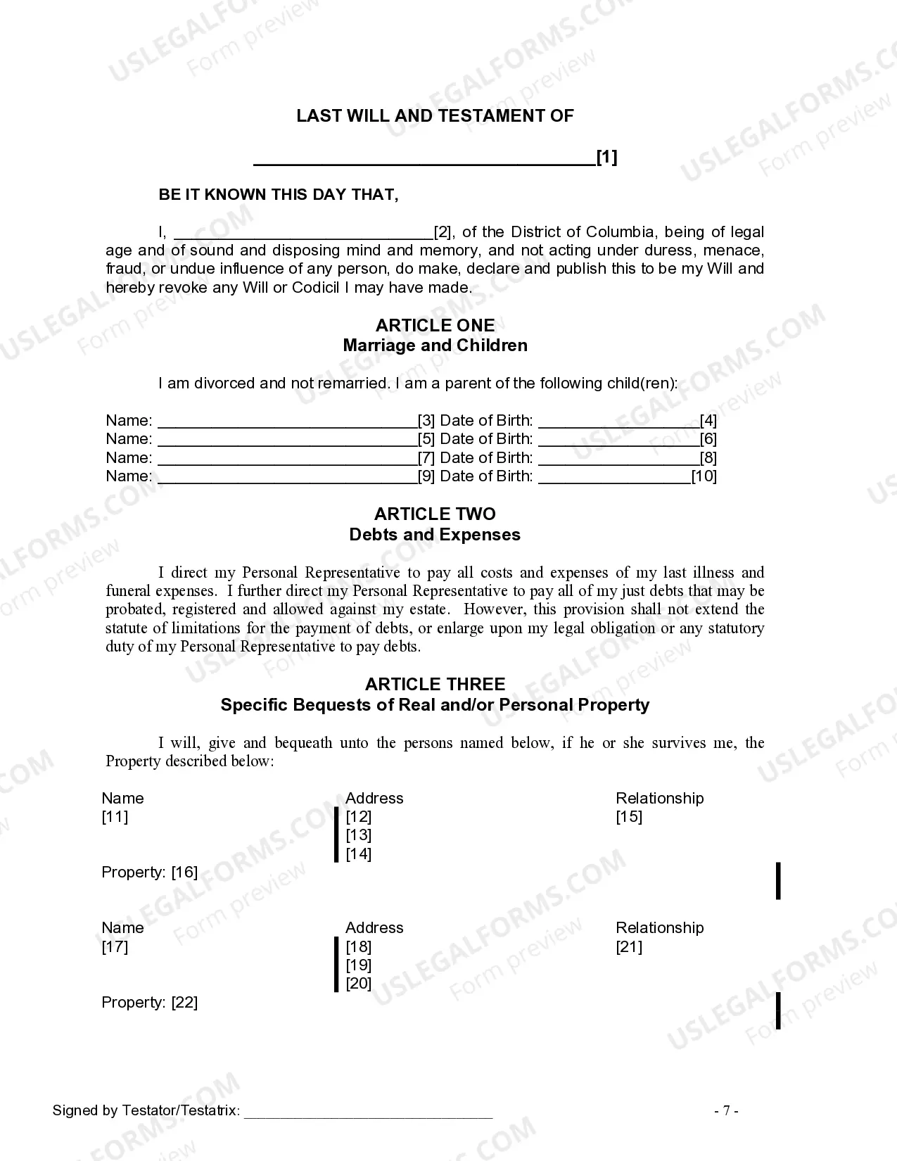 Preview Last Will and Testament for Divorced Person Not Remarried with Adult and Minor Children