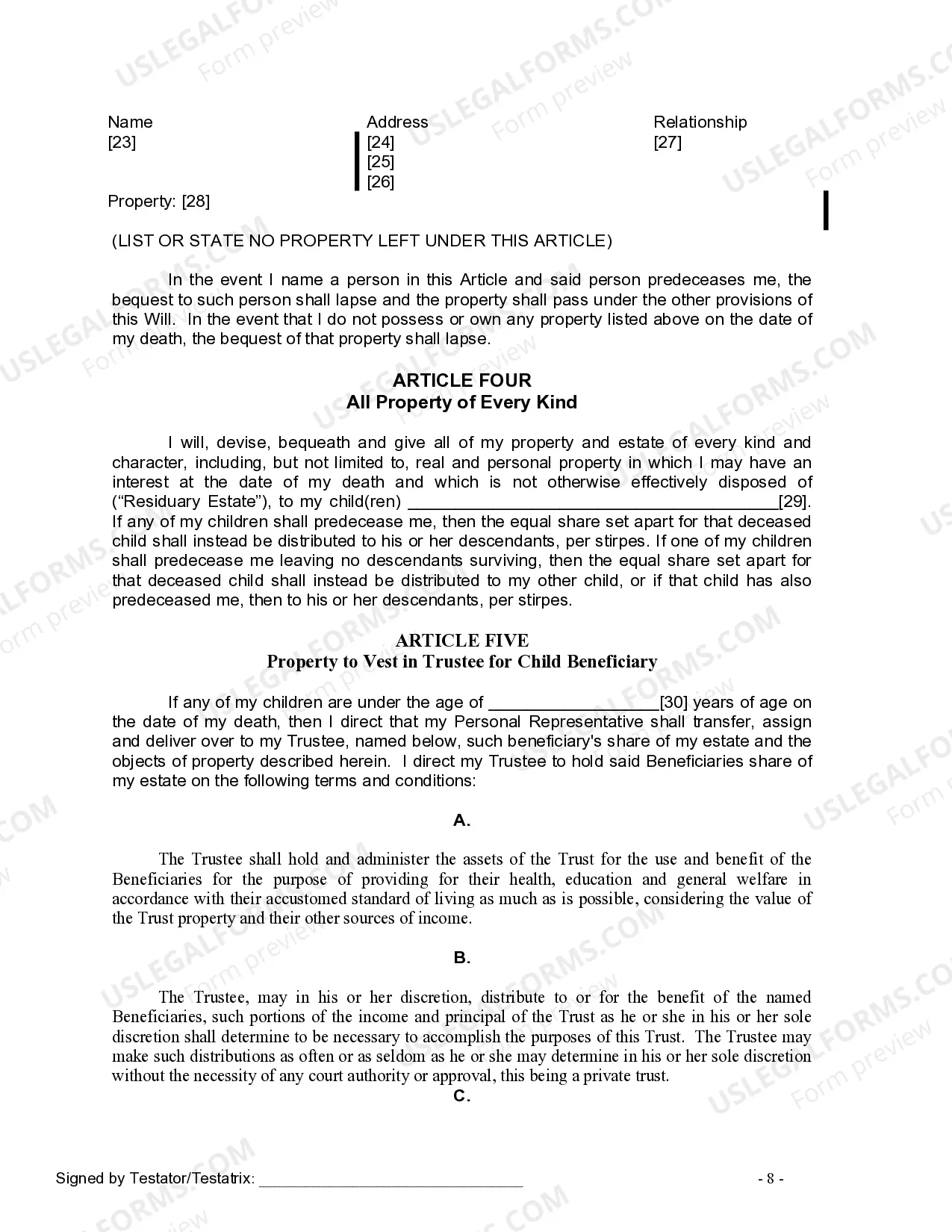 Preview Last Will and Testament for Divorced Person Not Remarried with Adult and Minor Children