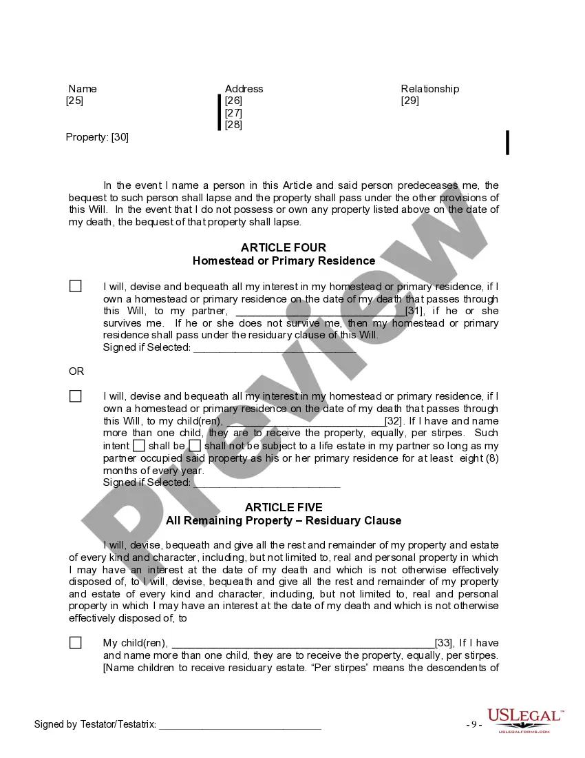 Preview Last Will and Testament for Domestic Partner with Adult and Minor Children from Prior Marriage