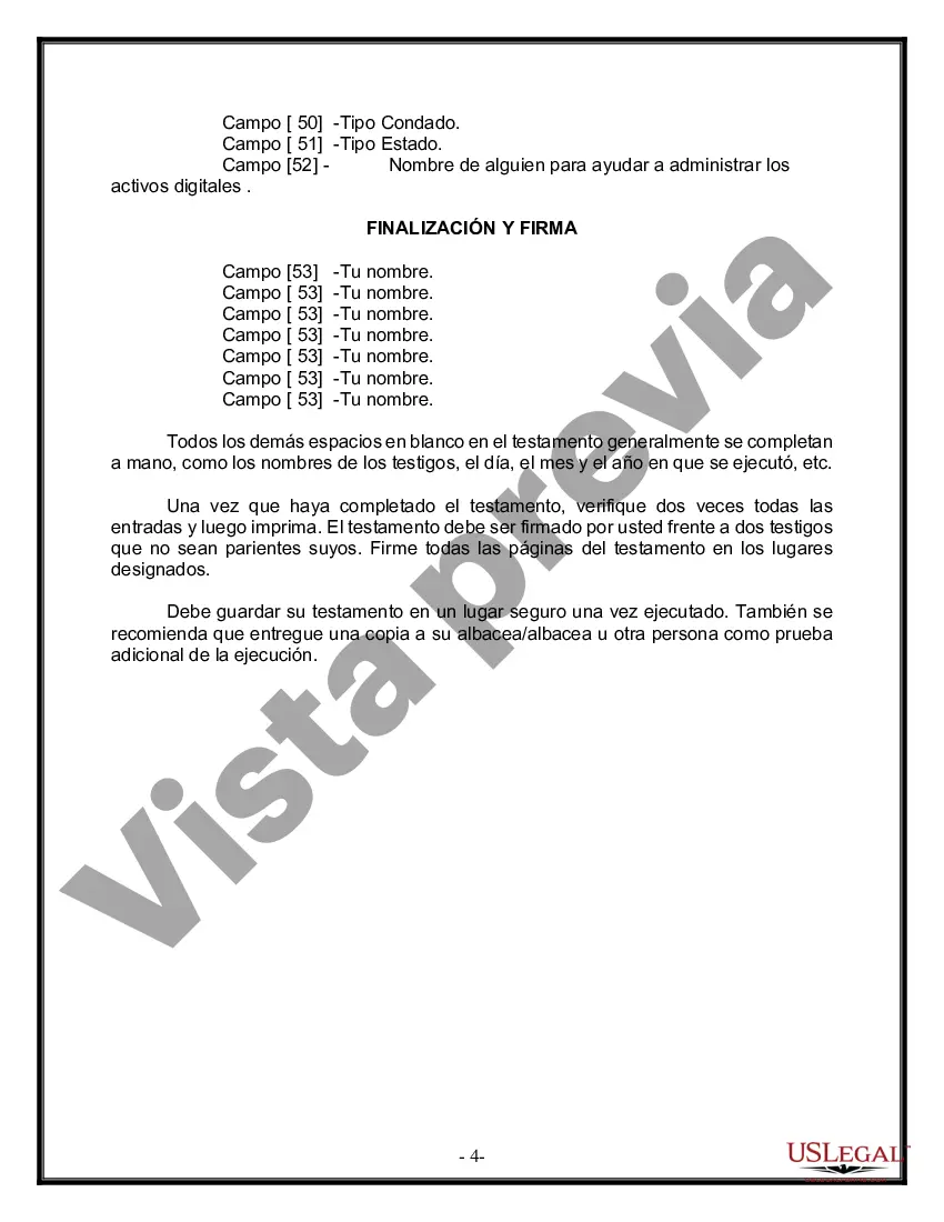 Preview Formulario Legal de Última Voluntad y Testamento para Persona Casada con Hijos Adultos y Menores de Matrimonio Anterior