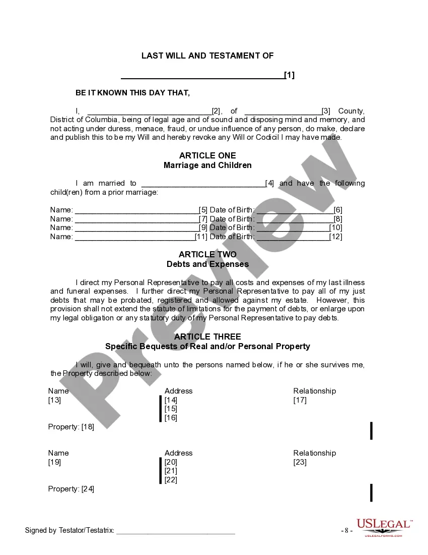 Preview Last Will and Testament for Married Person with Adult and Minor Children from Prior Marriage