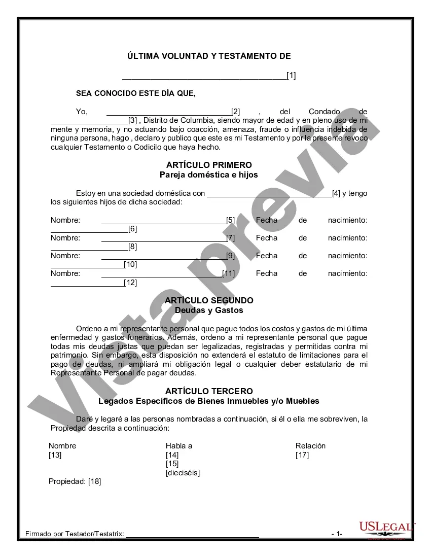 Preview Formulario de última voluntad y testamento legal para pareja de hecho con hijos adultos y menores