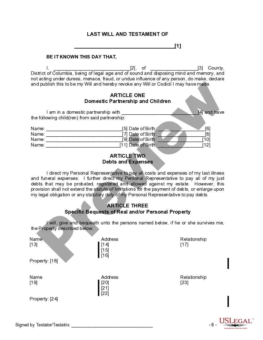 Preview Last Will and Testament for Domestic Partner with Adult and Minor Children