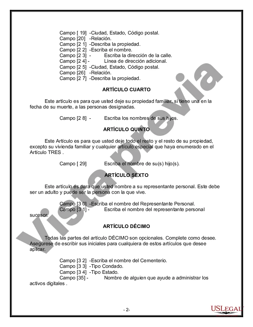 Preview Formulario de testamento y última voluntad legal para viuda o viudo con hijos adultos