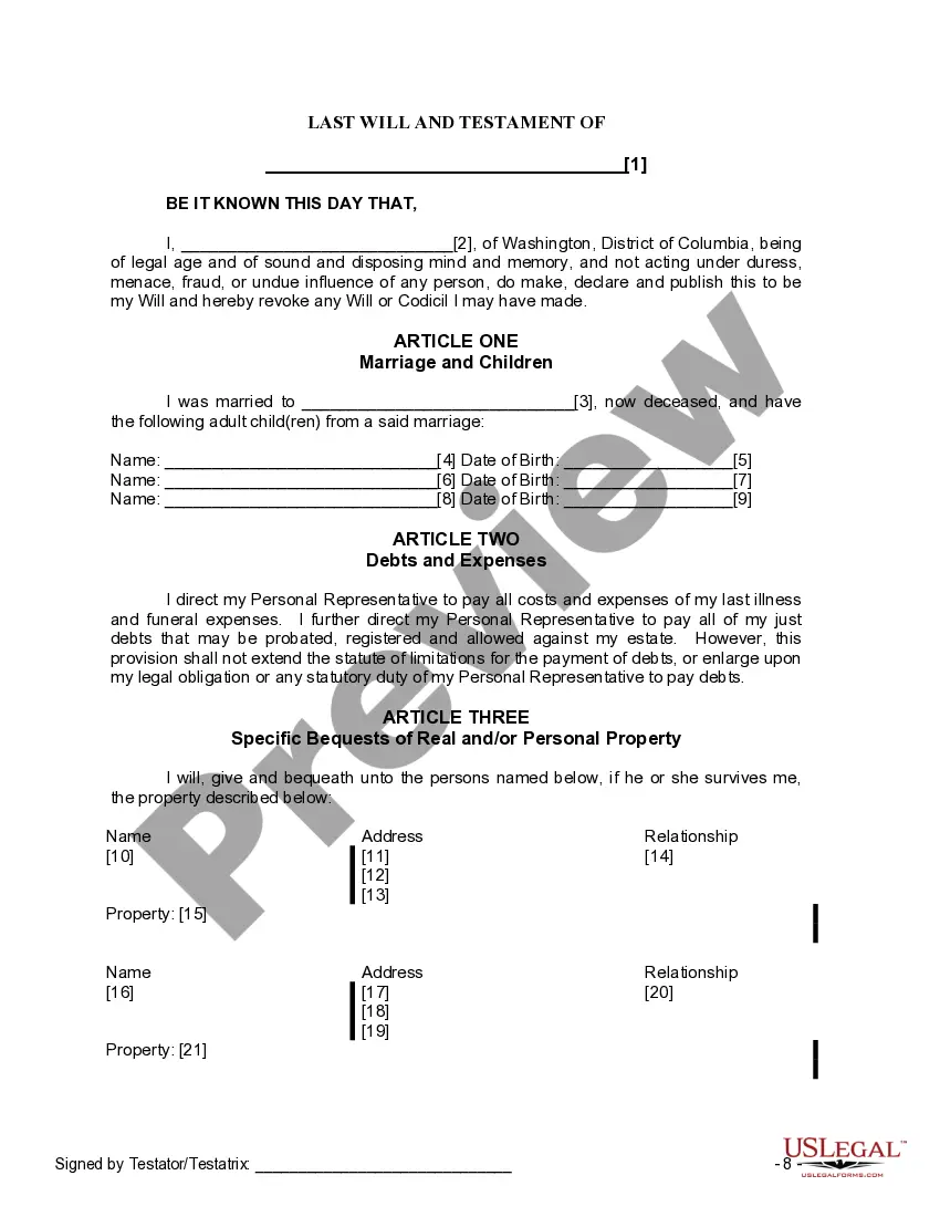 Preview Last Will and Testament for a Widow or Widower with Adult Children