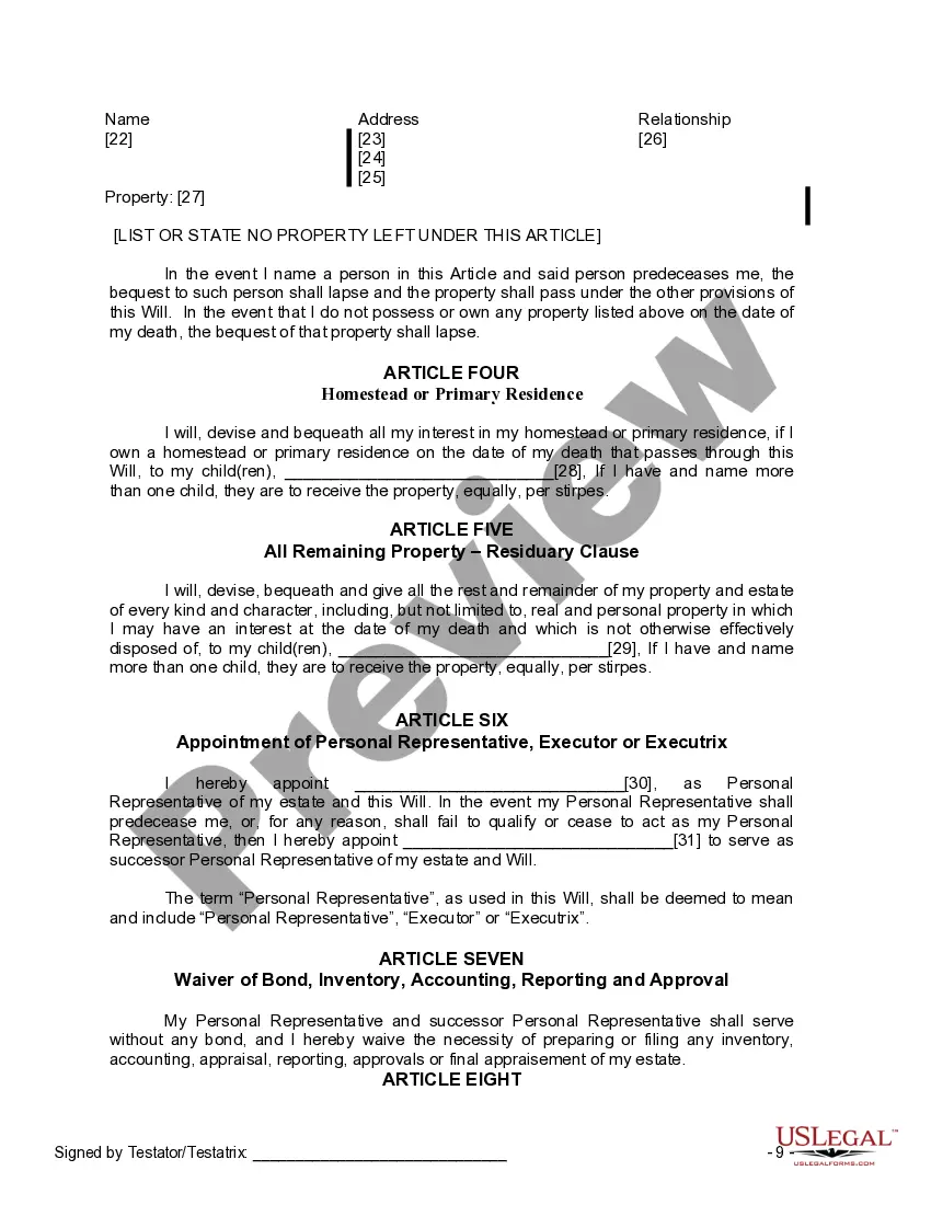 Preview Last Will and Testament for a Widow or Widower with Adult Children