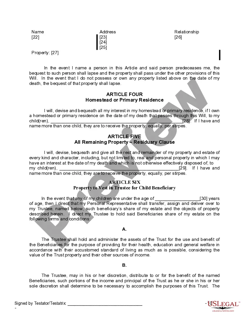 Preview Last Will and Testament for Widow or Widower with Minor Children