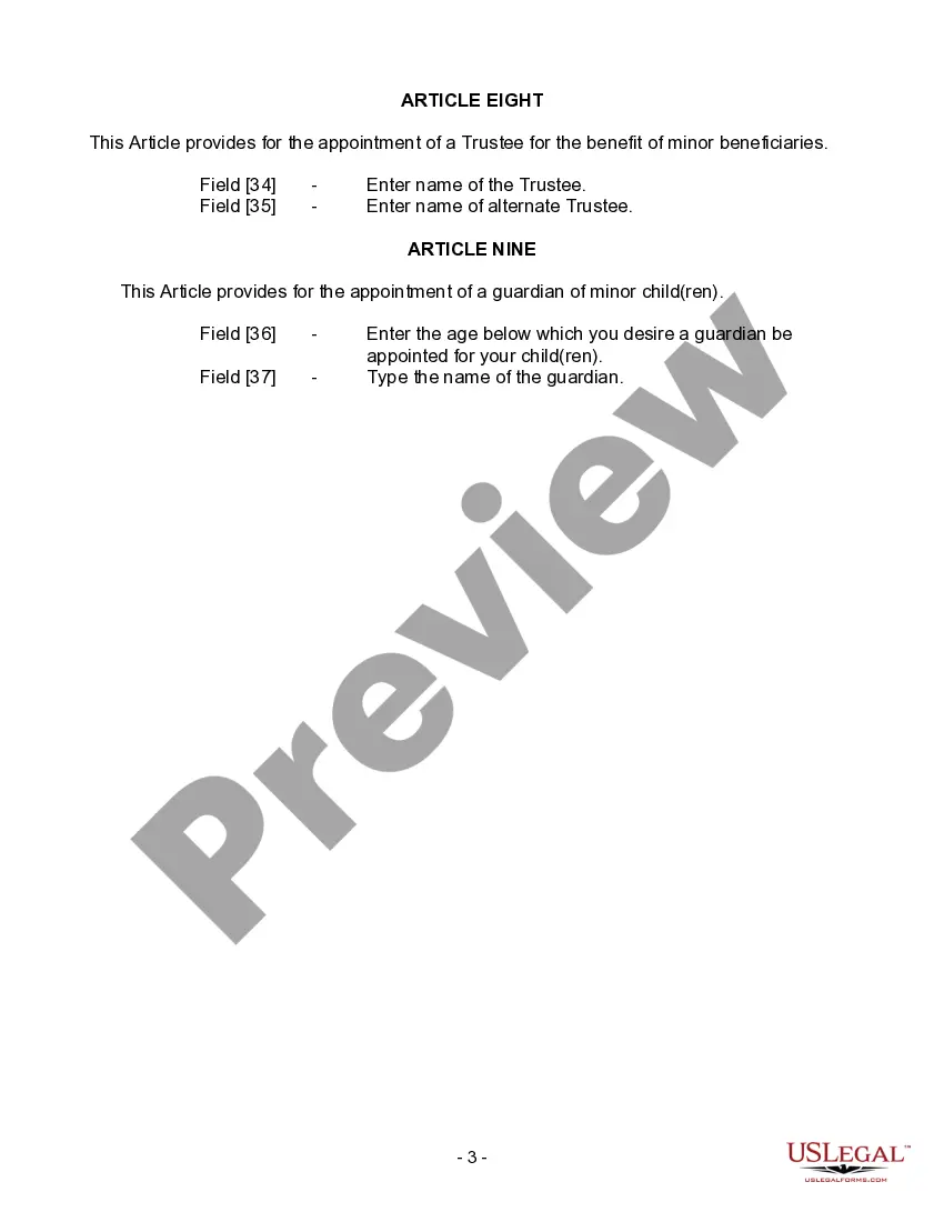 Preview Last Will and Testament for Widow or Widower with Minor Children