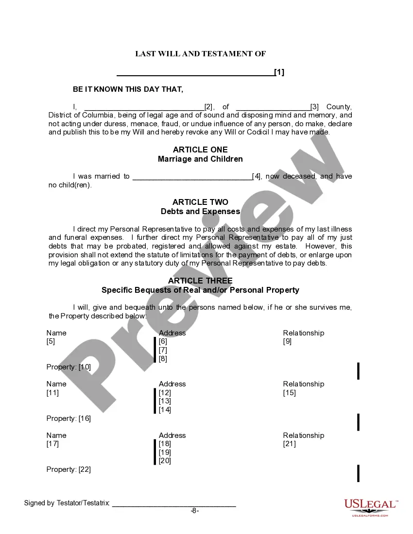 Preview Last Will for a Widow or Widower with no Children
