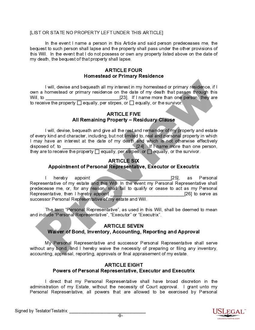 Preview Last Will for a Widow or Widower with no Children