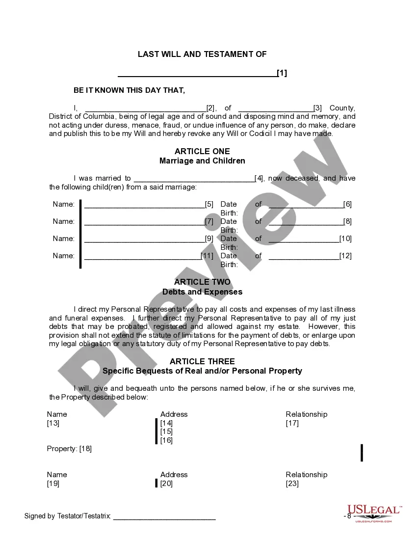 Preview Last Will and Testament for a Widow or Widower with Adult and Minor Children