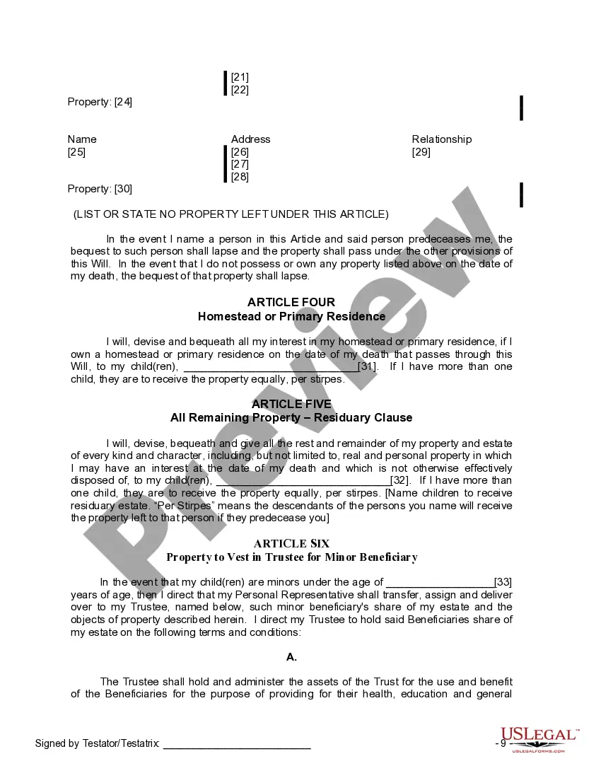 Preview Last Will and Testament for a Widow or Widower with Adult and Minor Children