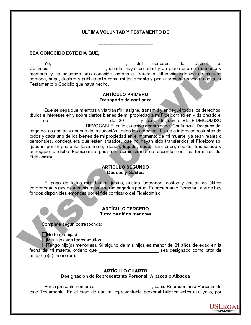 Preview Último testamento legal y formulario de testamento con todos los bienes en fideicomiso llamado testamento invertido