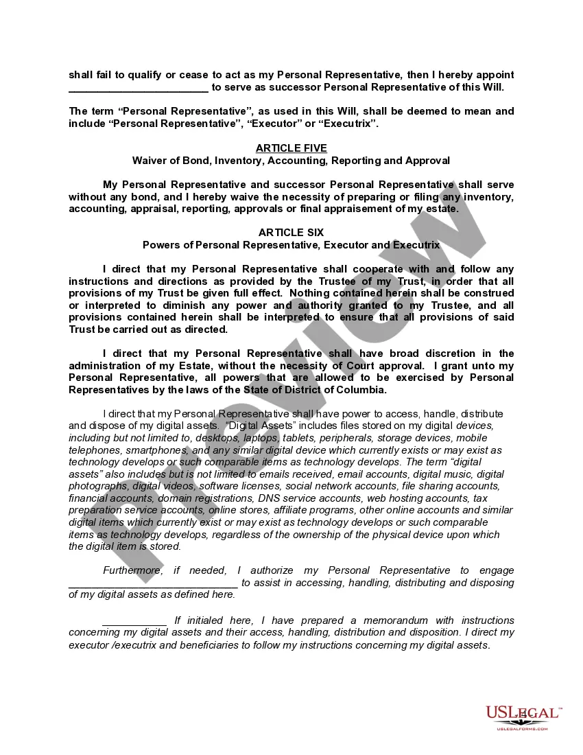 Preview Last Will and Testament with All Property to Trust called a Pour Over Will