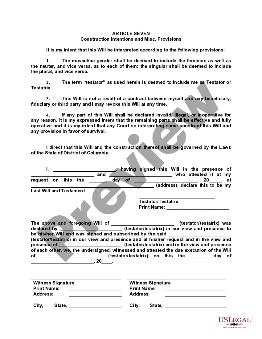 Preview Last Will and Testament with All Property to Trust called a Pour Over Will