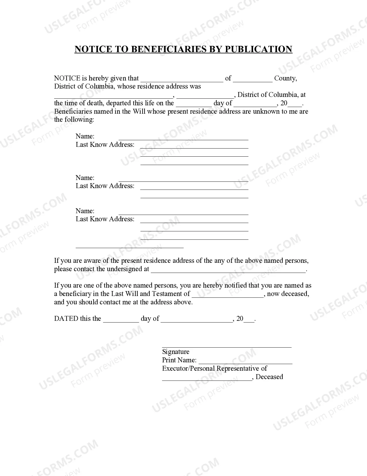 Preview Notice to Beneficiaries of being Named in Will
