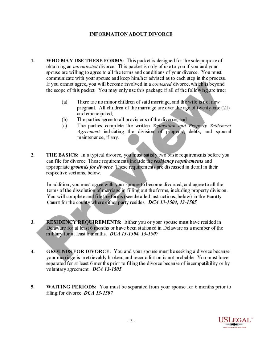 Preview Delaware No-Fault Uncontested Agreed Divorce Package for Dissolution of Marriage with Adult Children and with or without Property and Debts